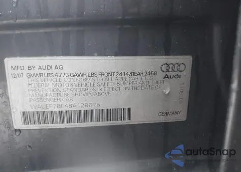 2008 Audi A4 2.0T/2.0T Special Edition из США, поврежденный, VIN WAUEF78E48A128676